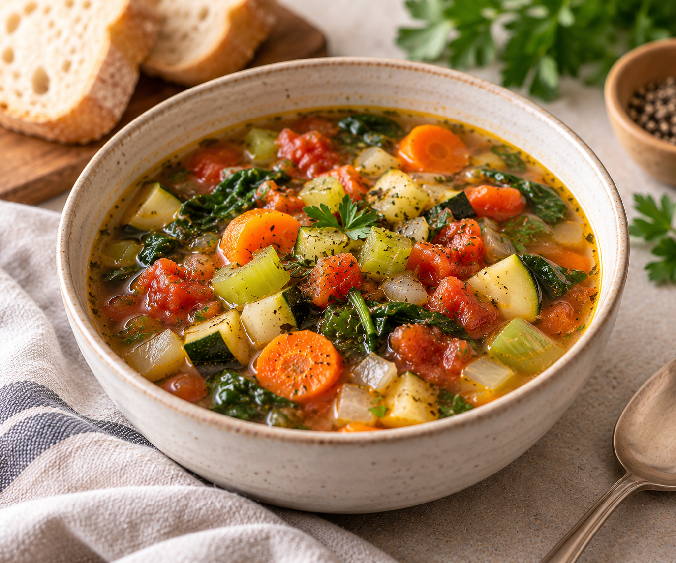 Hearty vegetable soup with a side of crusty bread