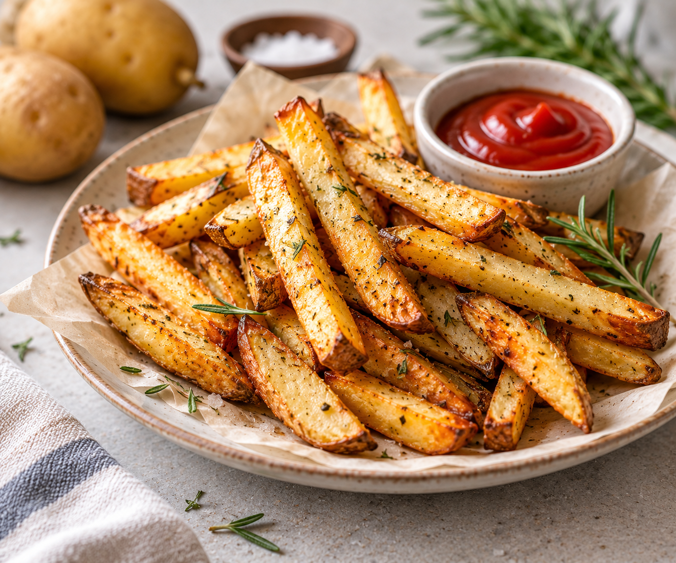 Homemade French fries with a side of ketchup