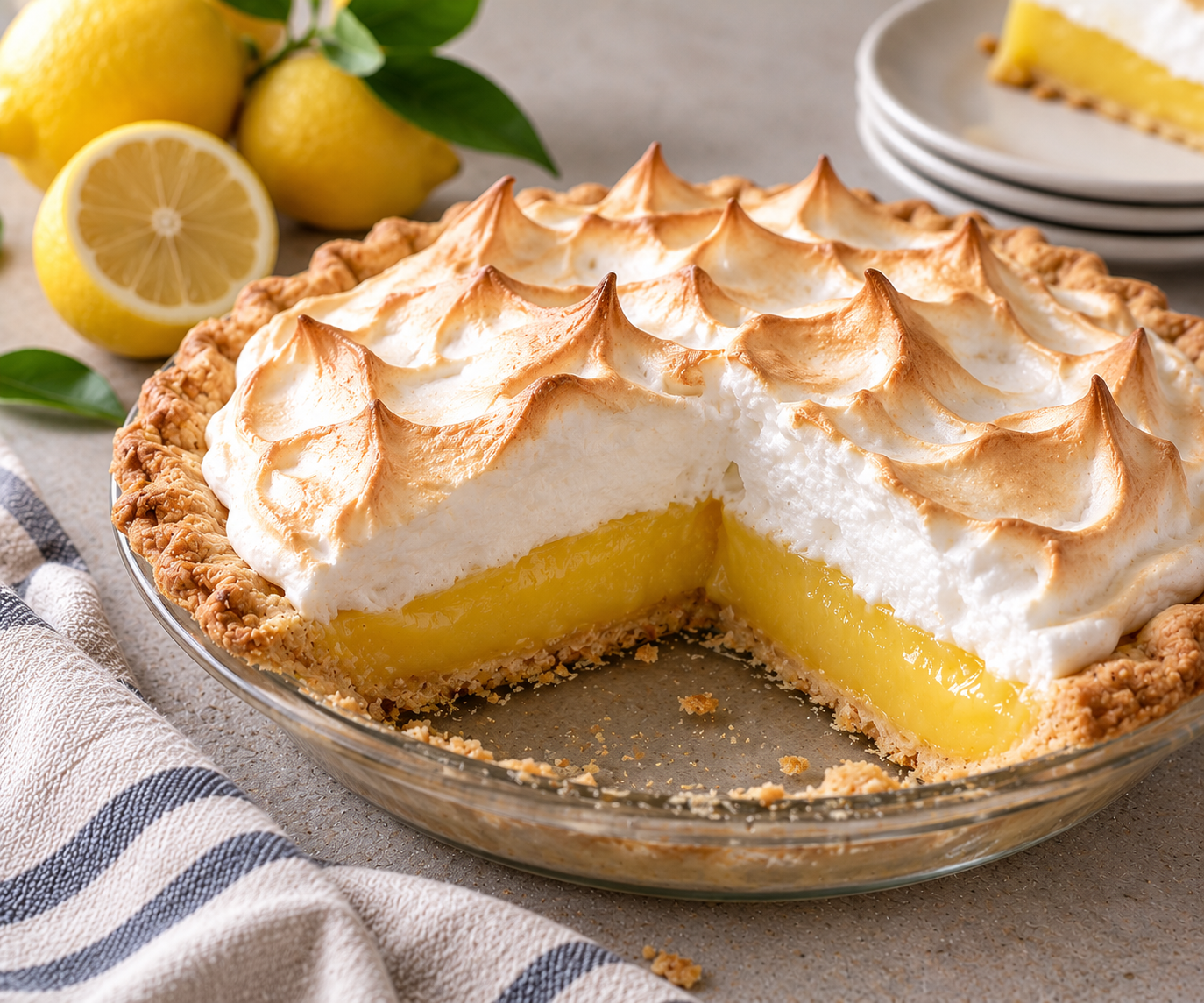 Sugar-free lemon meringue pie with a slice of lemon