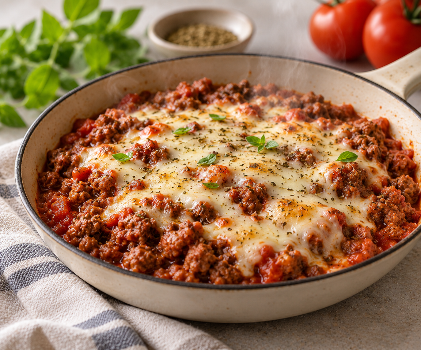 Mock pizza with ground beef and tomato sauce