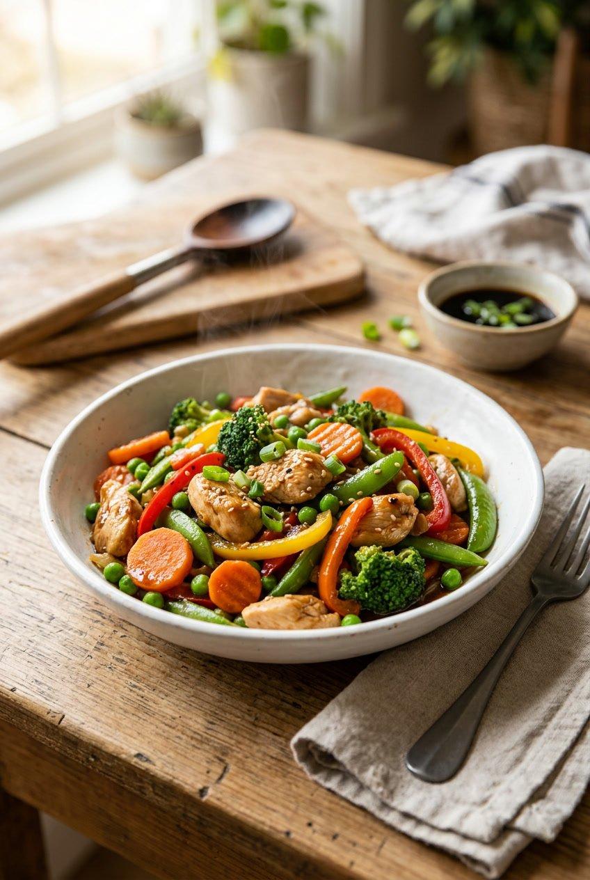 Chicken and mixed vegetable stir-fry with carrots, broccoli, and cauliflower
