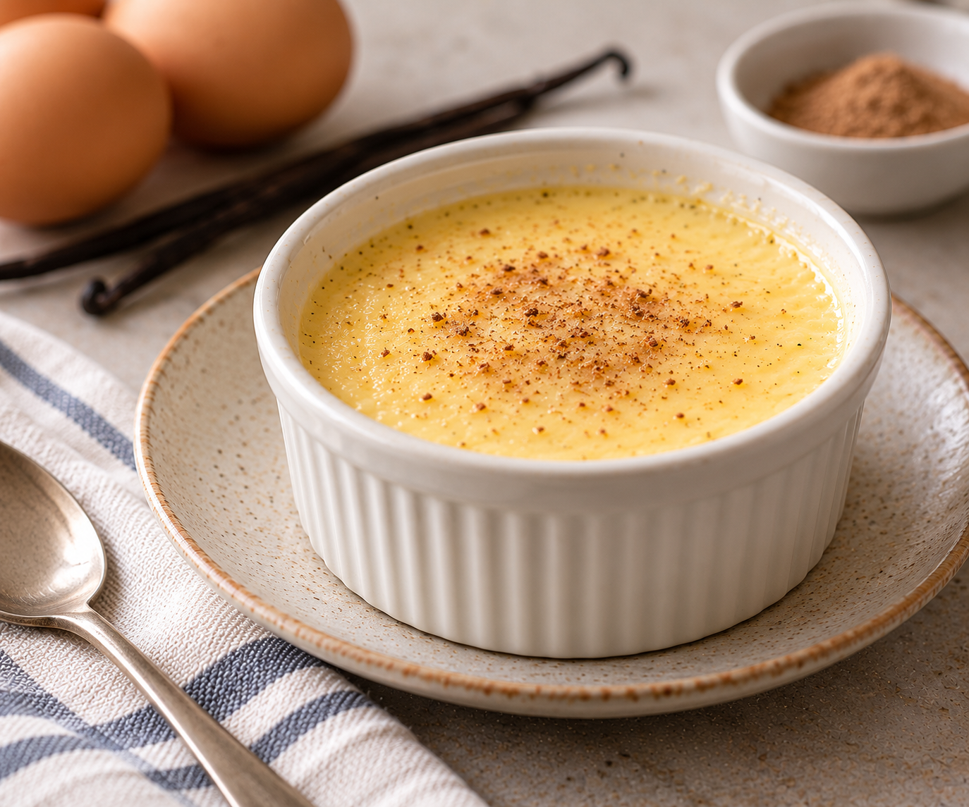 Vanilla custard in a small cup, dusted and ready to serve
