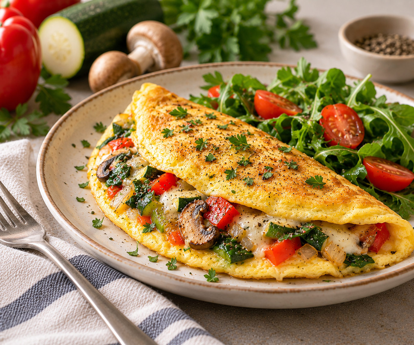 Vegetable omelet folded over broccoli, cauliflower, and onion, topped with diced tomato